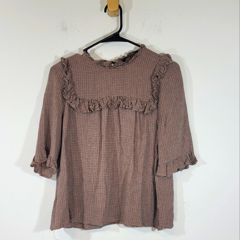 Zara houndstooth cottage core blouse M